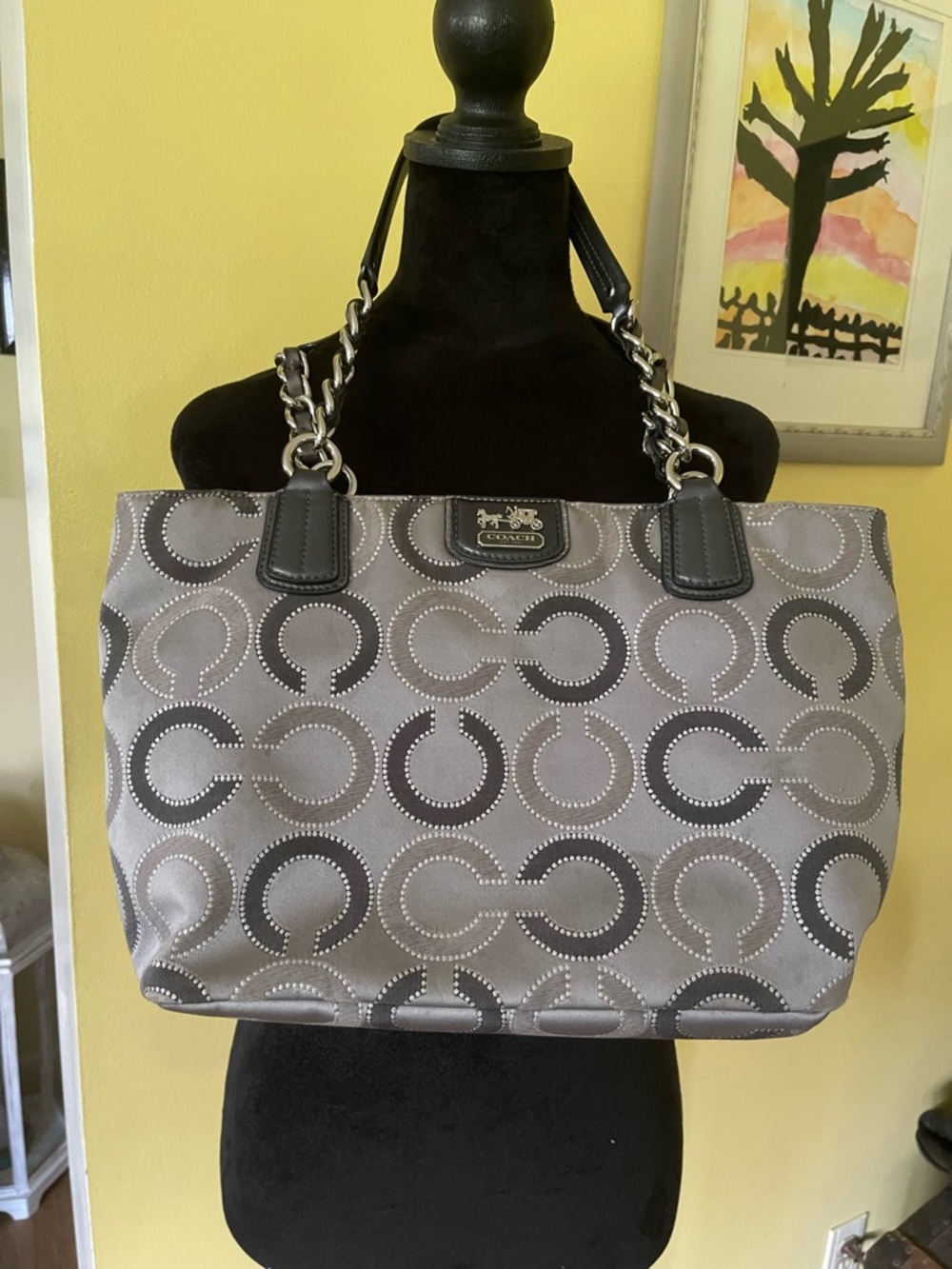 Coach Gray Signature Circle Tote with Chain-Trim Handles
